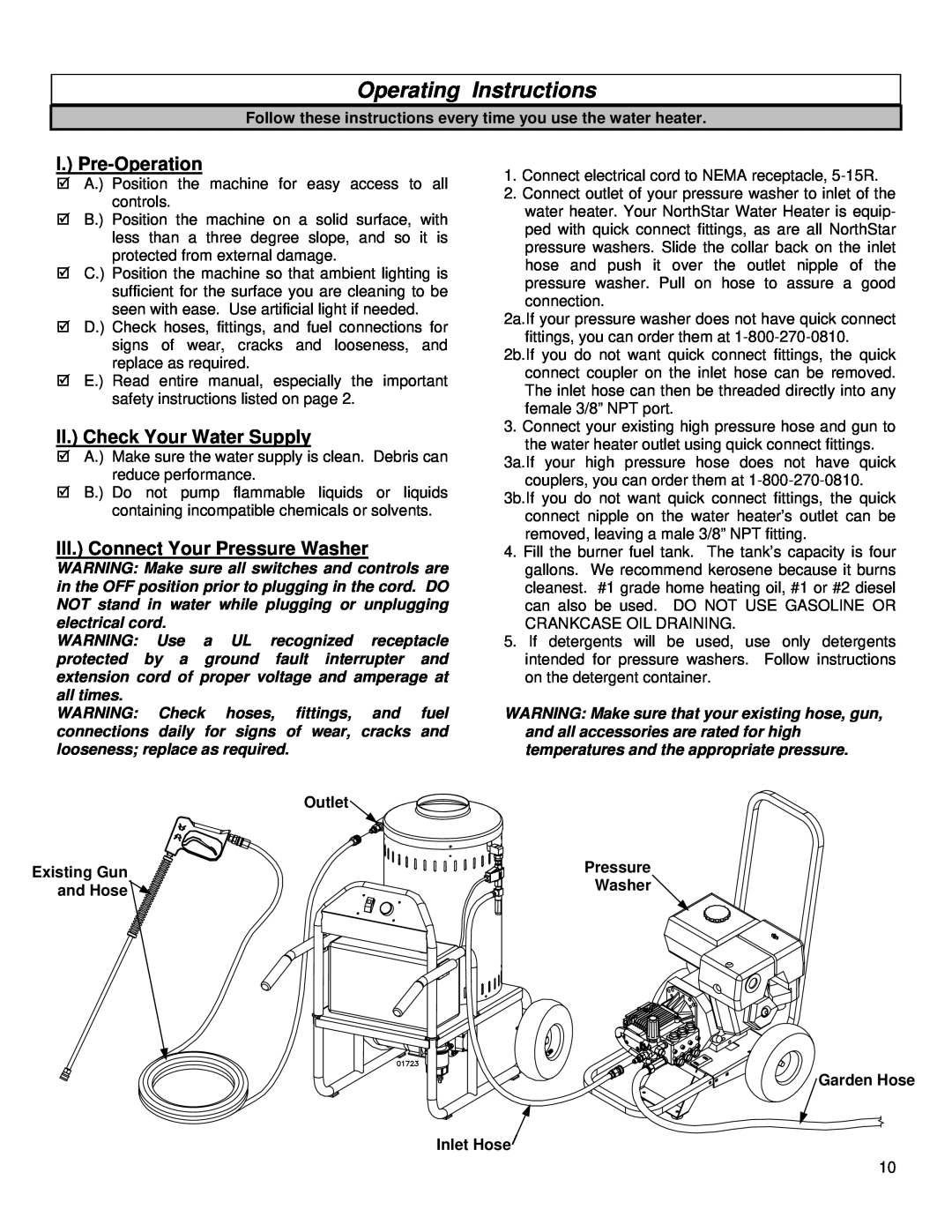 Northern Industrial Tools 157494 Operating Instructions, I. Pre-Operation, II. Check Your Water Supply, Outlet, Pressure 