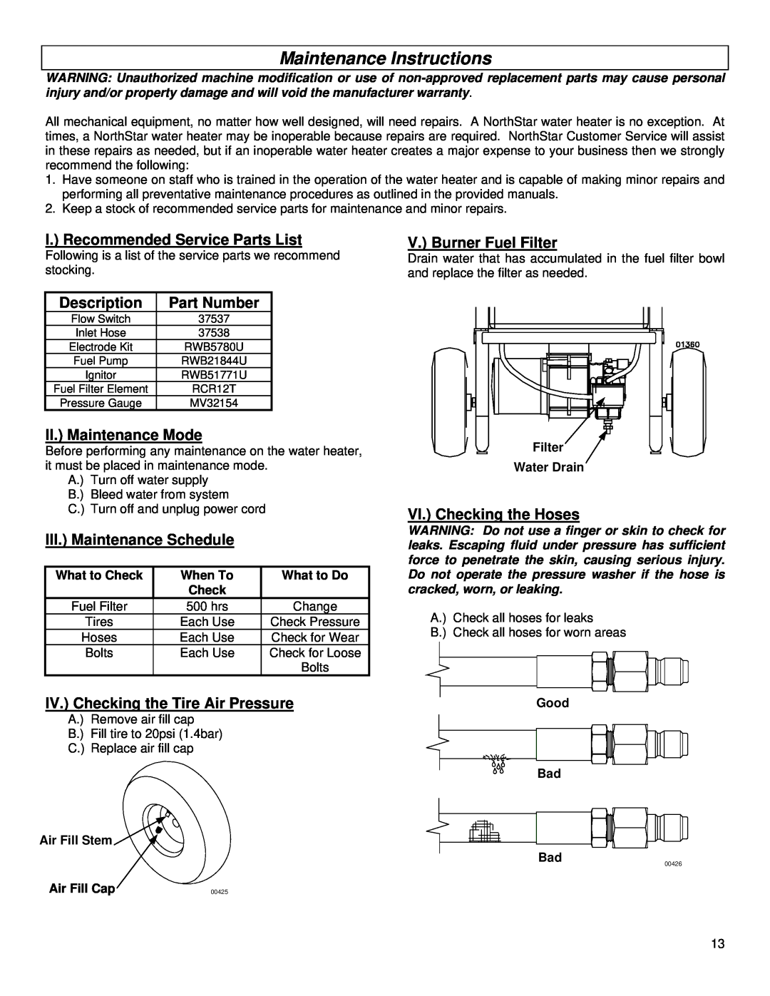 Northern Industrial Tools 157494 Maintenance Instructions, I. Recommended Service Parts List, Description, Part Number 