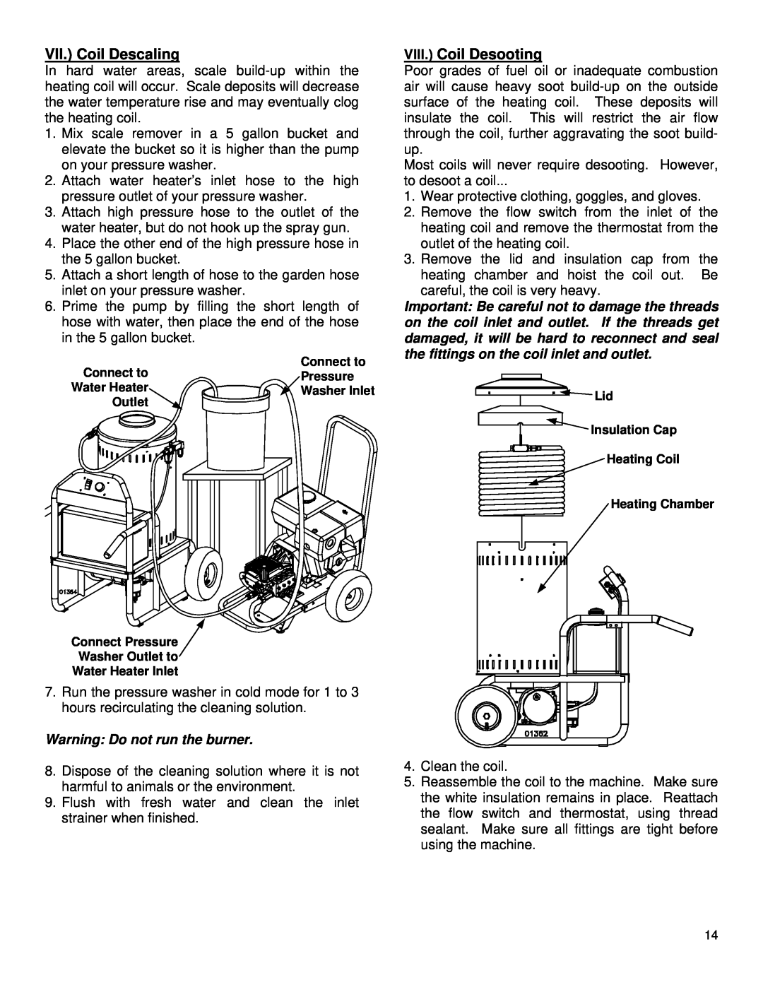 Northern Industrial Tools 157494 specifications VII. Coil Descaling, VIII. Coil Desooting, Warning Do not run the burner 