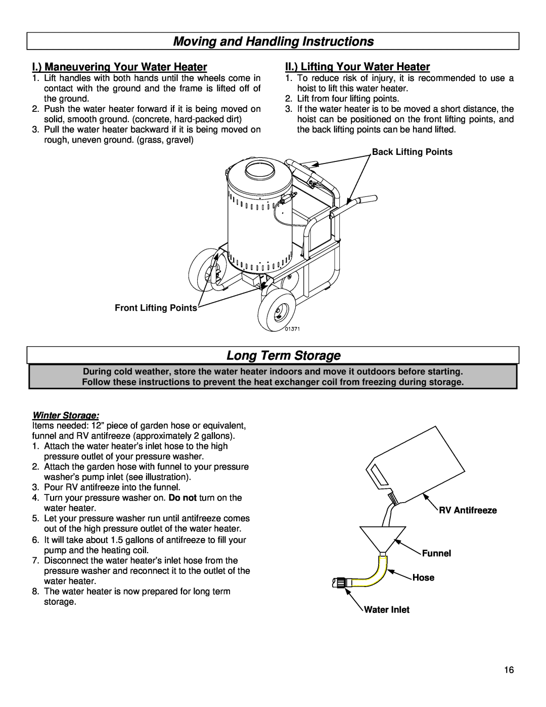 Northern Industrial Tools 157494 Moving and Handling Instructions, Long Term Storage, I. Maneuvering Your Water Heater 
