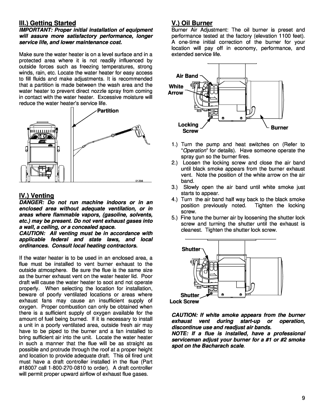 Northern Industrial Tools 157494 III. Getting Started, IV. Venting, V. Oil Burner, Partition, Air Band White Arrow, Screw 