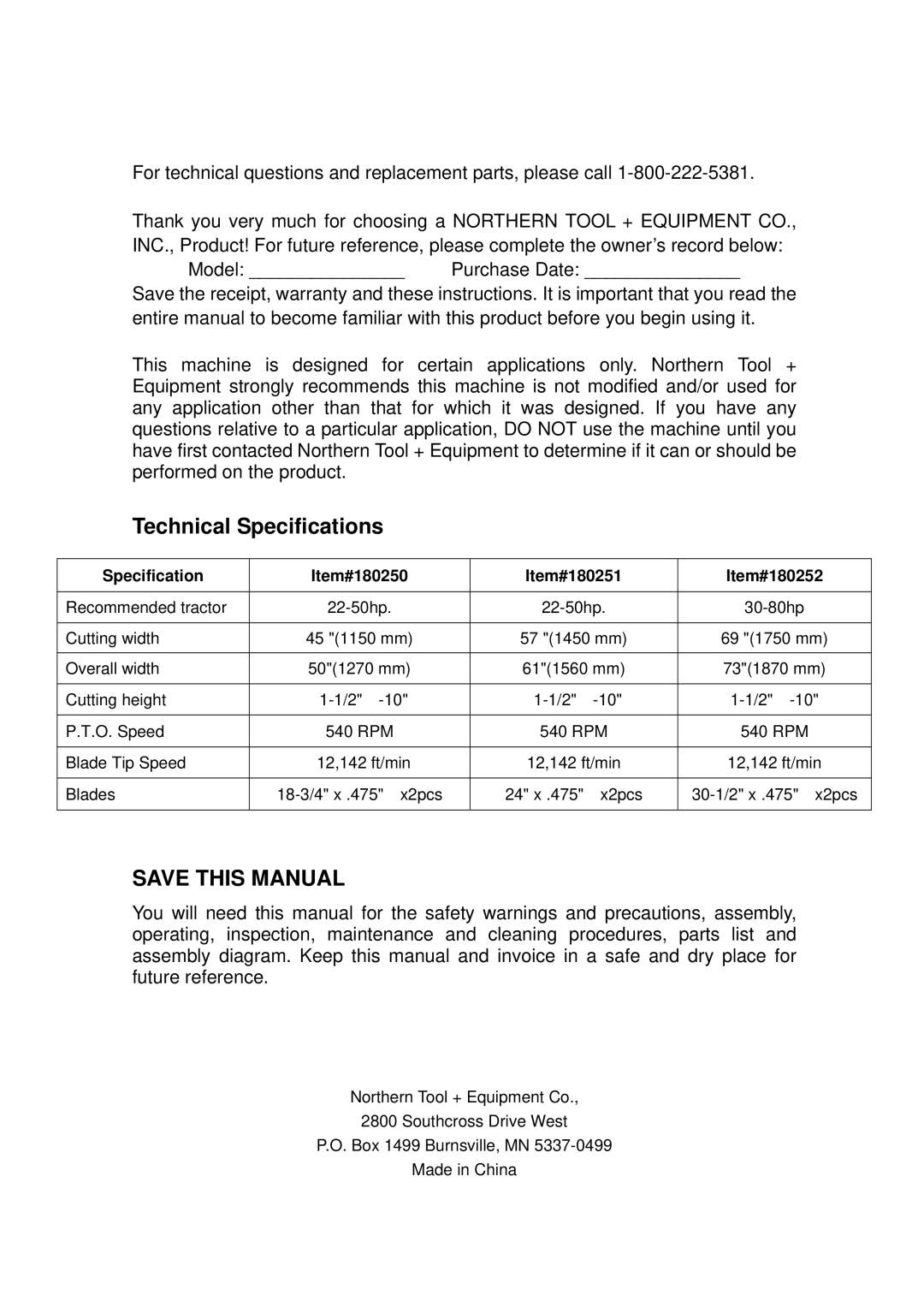 Northern Industrial Tools 180251, 180250, 180252 user manual Save this Manual 