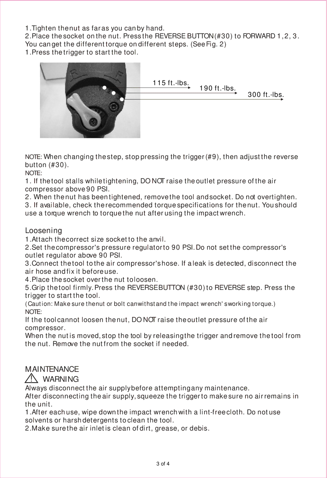 Northern Industrial Tools 1961202 user manual Loosening, Maintenance 