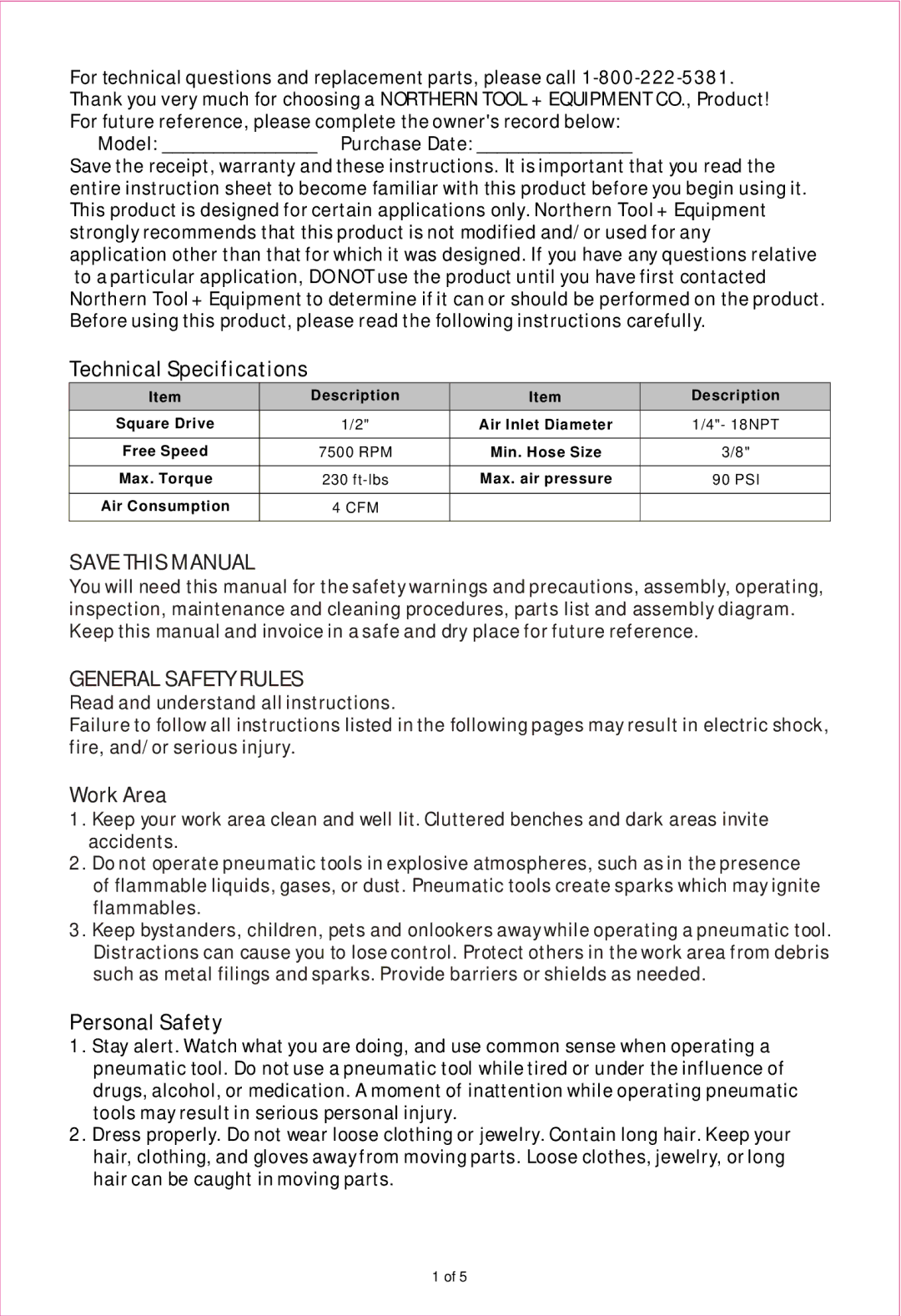 Northern Industrial Tools 1981202 user manual Technical Specifications, Personal Safety 