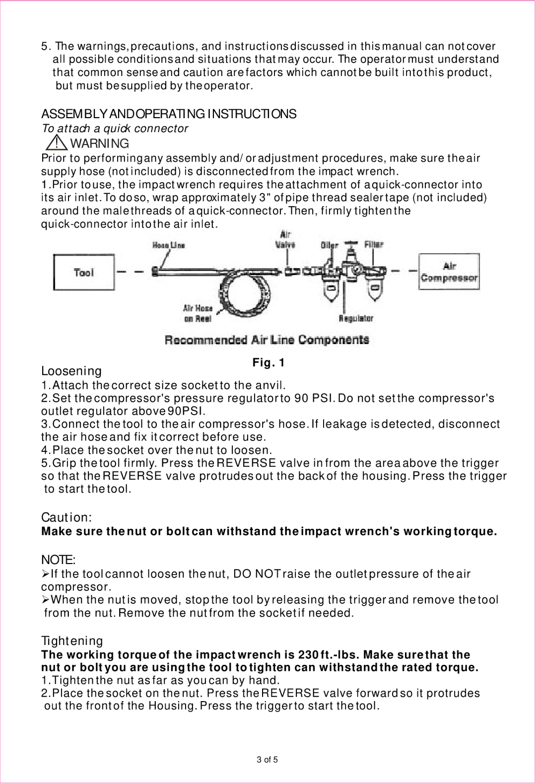 Northern Industrial Tools 1981202 user manual Assembly and Operating Instructions, Loosening, Tightening 