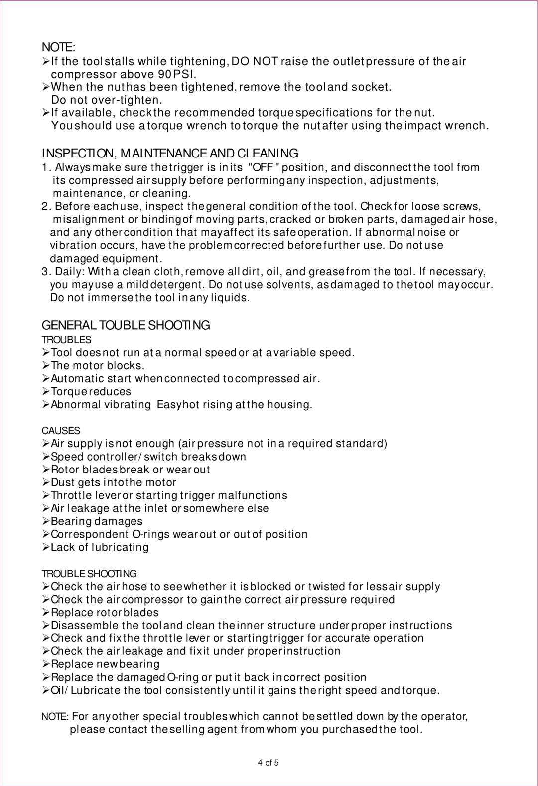 Northern Industrial Tools 1981202 user manual INSPECTION, Maintenance and Cleaning, General Touble Shooting 