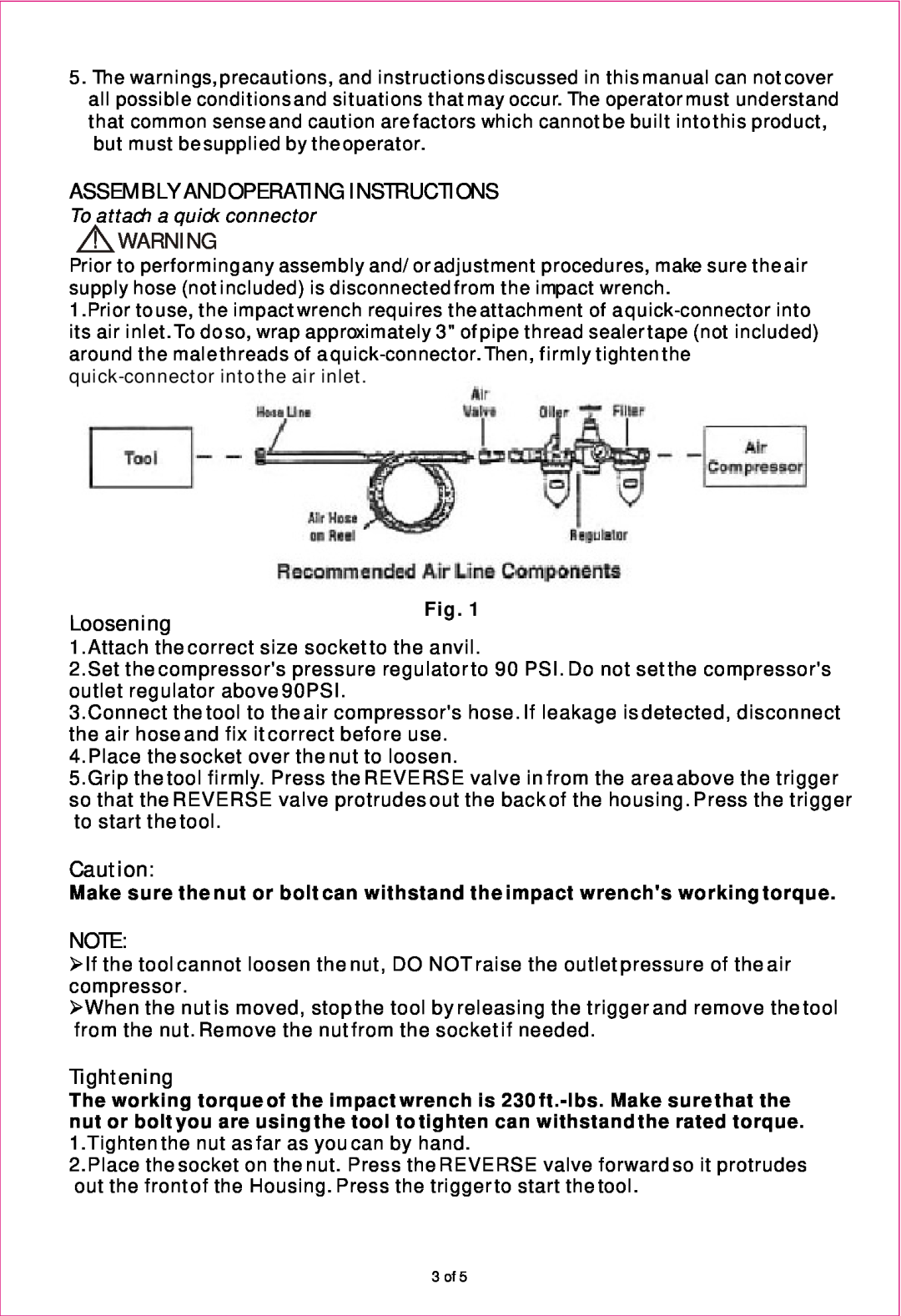 Northern Industrial Tools 1981202 Assembly And Operating Instructions, Loosening, Tightening, To attach a quick connector 