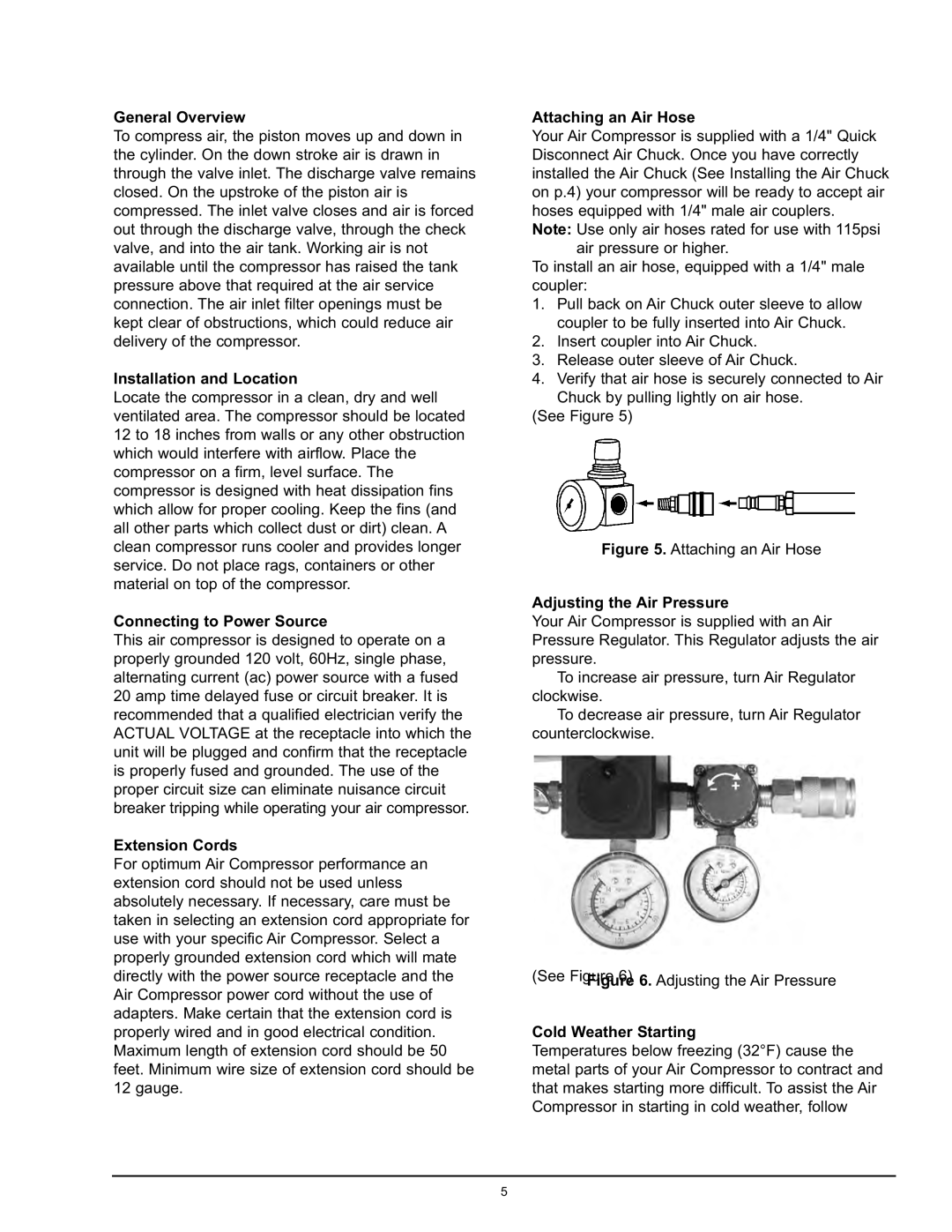 Northern Industrial Tools 2 HP / 4 GALLON AIR COMPRESSOR General Overview, Installation and Location, Extension Cords 