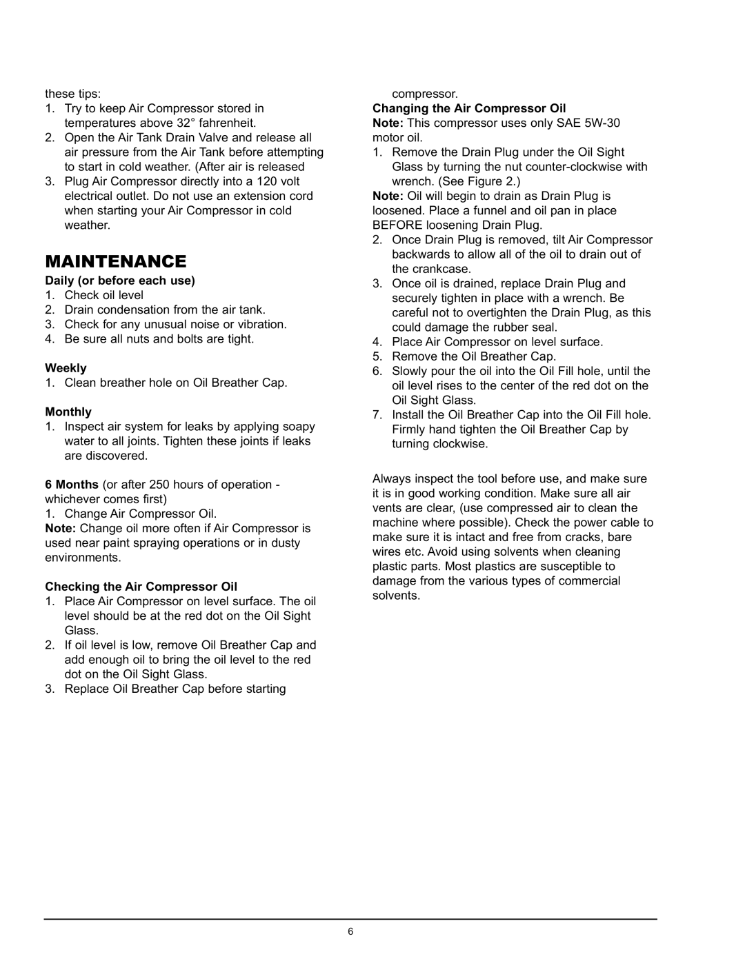 Northern Industrial Tools 2 HP / 4 GALLON AIR COMPRESSOR owner manual Maintenance 