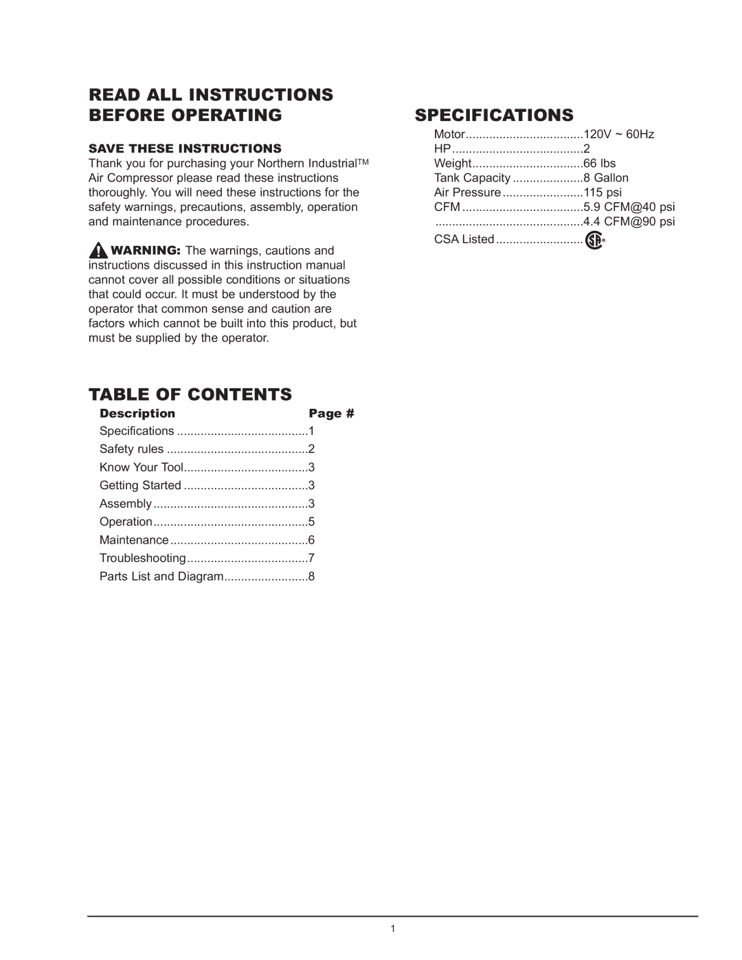 Northern Industrial Tools 2 HP / 8 GALLON AIR COMPRESSOR manual Table of Contents 