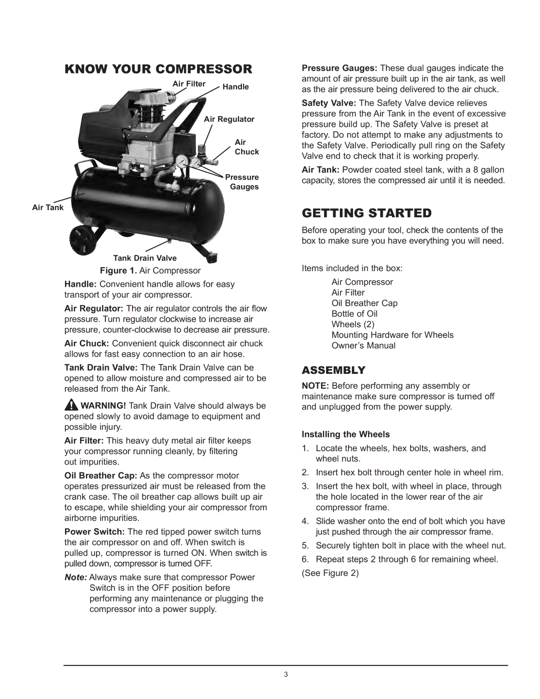 Northern Industrial Tools 2 HP / 8 GALLON AIR COMPRESSOR manual Getting Started, Installing the Wheels 