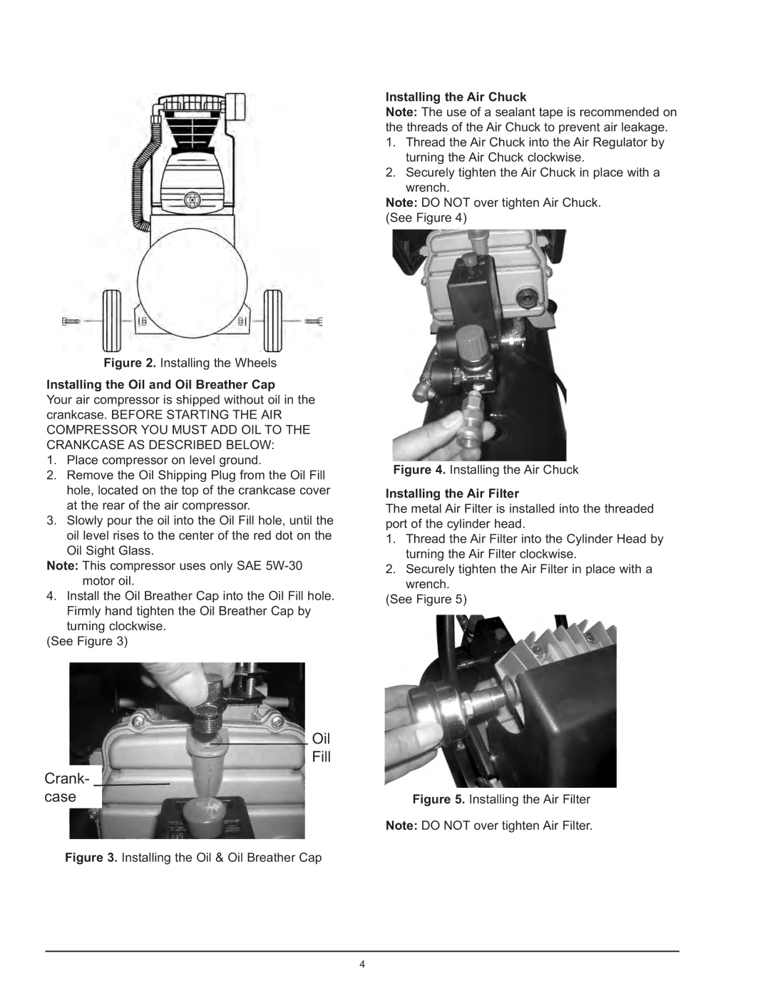 Northern Industrial Tools 2 HP / 8 GALLON AIR COMPRESSOR Installing the Oil and Oil Breather Cap, Installing the Air Chuck 