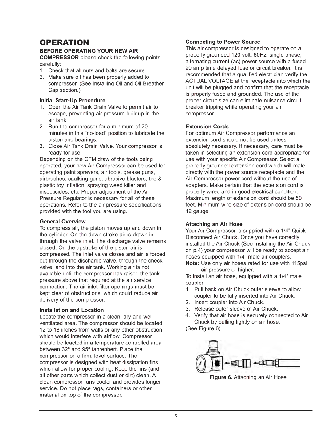 Northern Industrial Tools 2 HP / 8 GALLON AIR COMPRESSOR manual Operation 