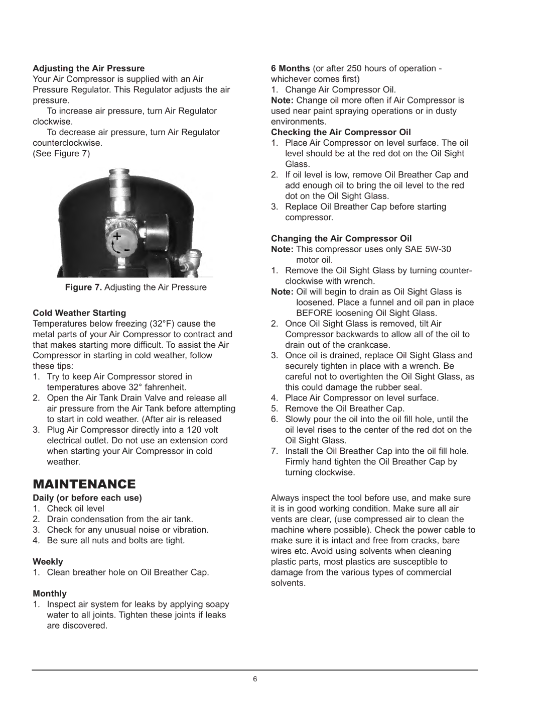 Northern Industrial Tools 2 HP / 8 GALLON AIR COMPRESSOR manual Maintenance 