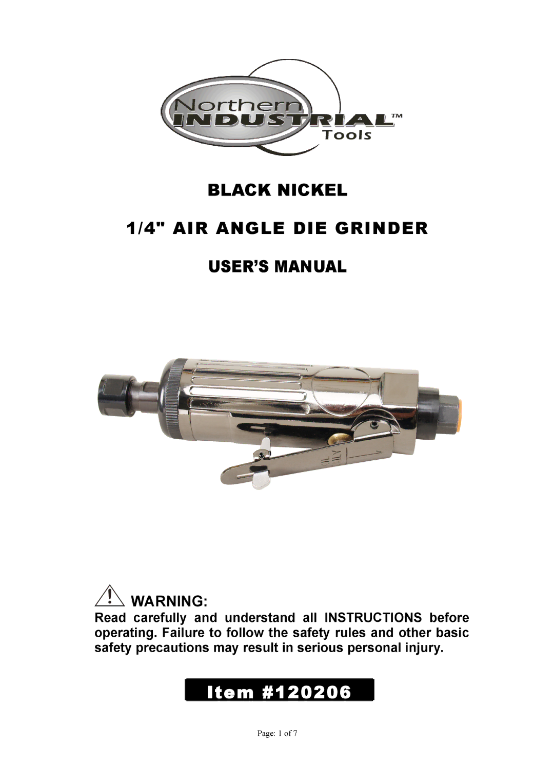 Northern Industrial Tools BLACK NICKEL 1/4" AIR ANGLE DIE GRINDER user manual 