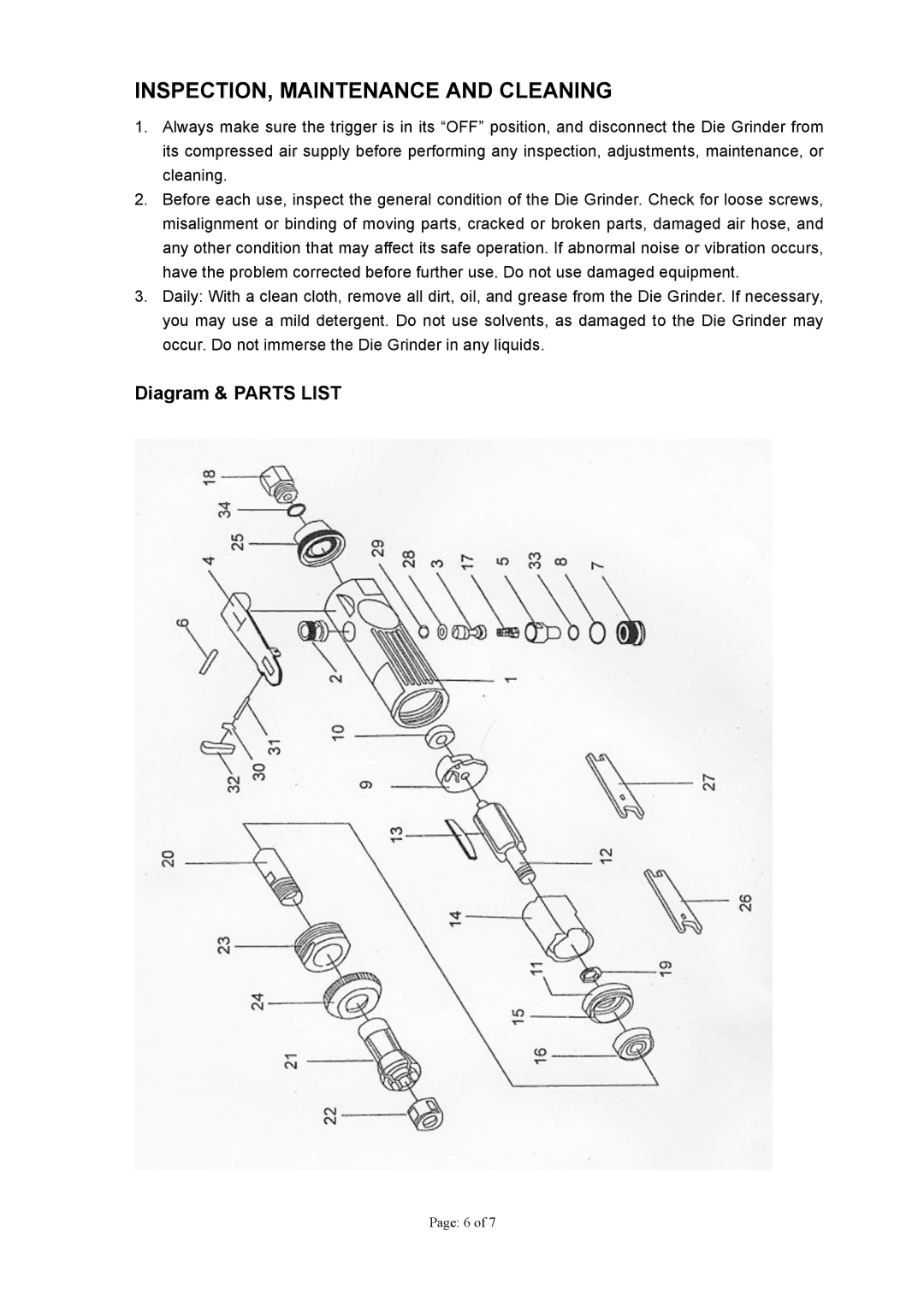 Northern Industrial Tools BLACK NICKEL 1/4" AIR ANGLE DIE GRINDER user manual INSPECTION, Maintenance and Cleaning 