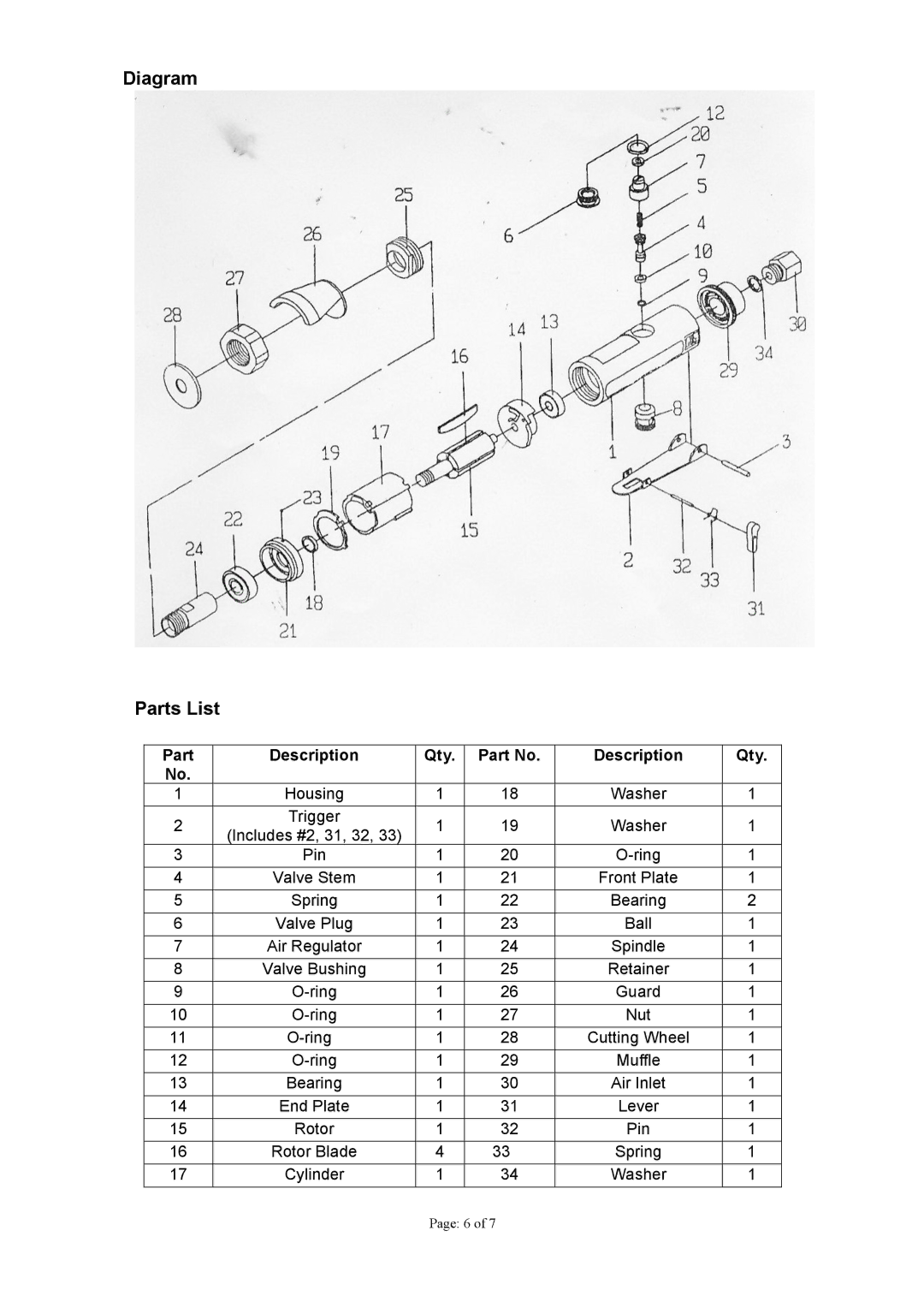 Northern Industrial Tools BLACK NICKEL 3" AIR CUTOFF TOOL owner manual Diagram Parts List, Part Description Qty 