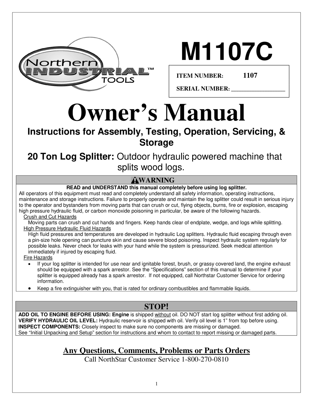 Northern Industrial Tools M1107C owner manual 