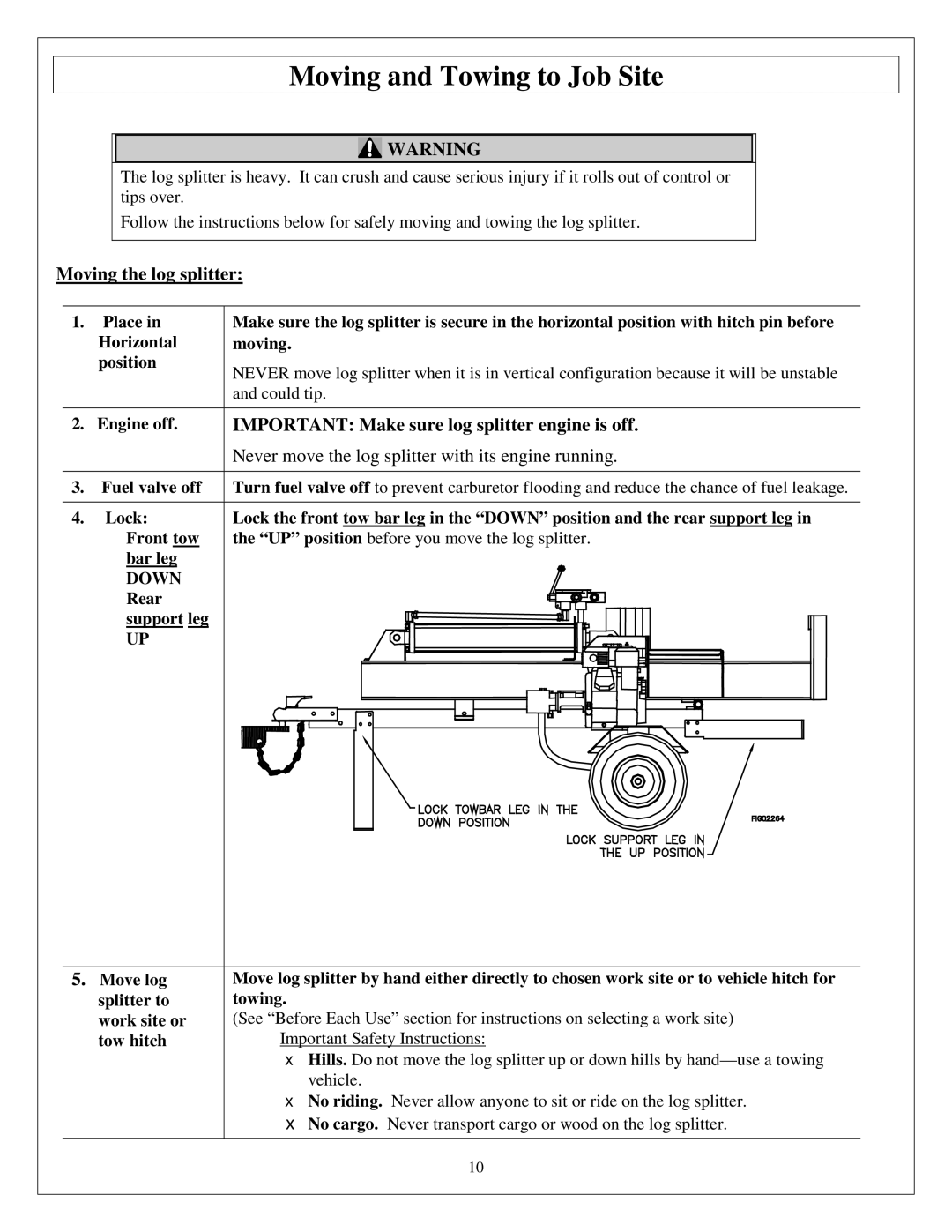 Northern Industrial Tools M1107C owner manual Moving and Towing to Job Site, Moving the log splitter, Place, Fuel valve off 