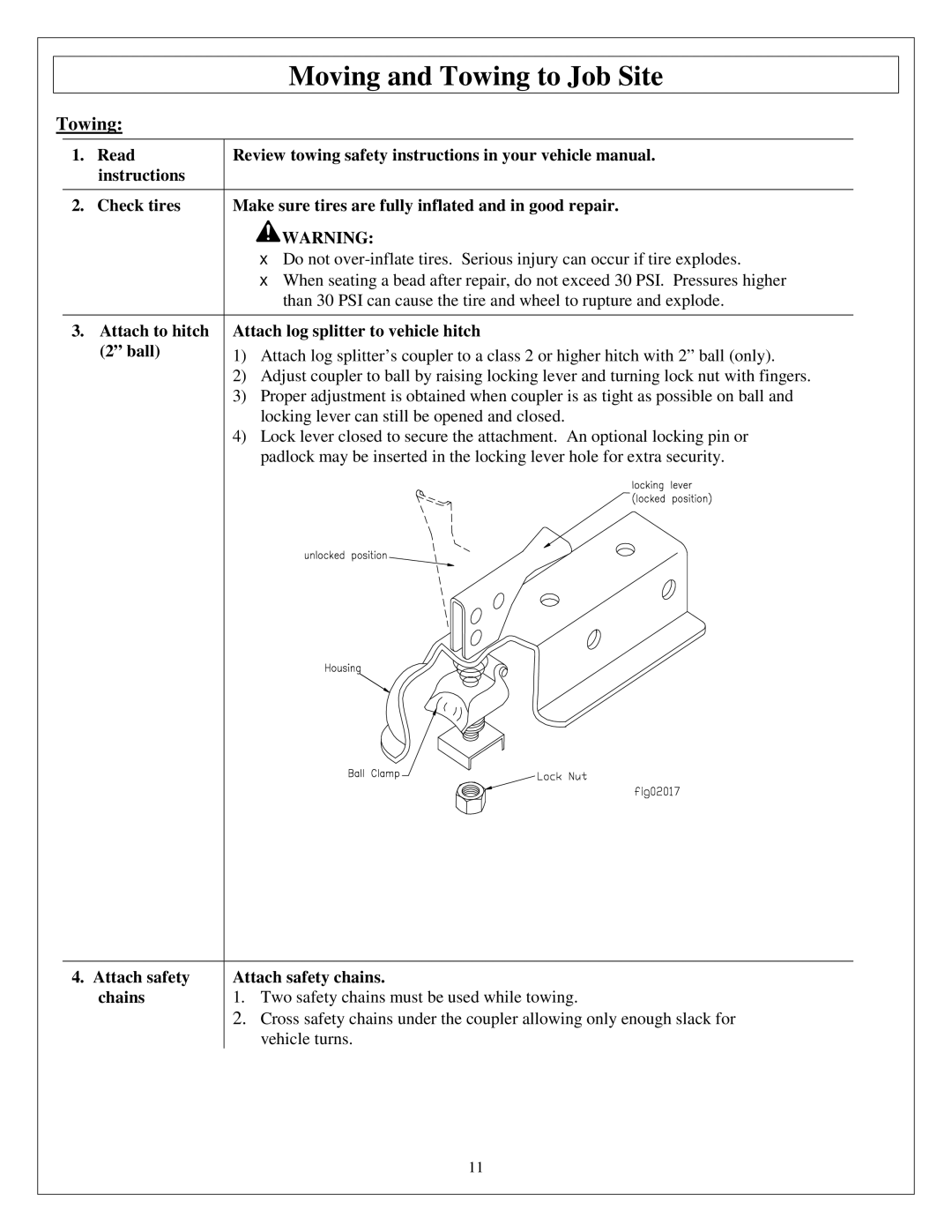 Northern Industrial Tools M1107C owner manual Towing, Read, Attach to hitch Attach log splitter to vehicle hitch Ball 