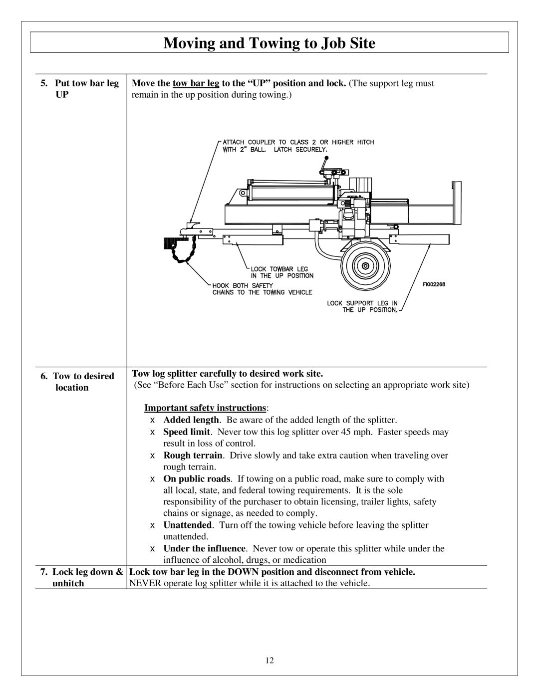 Northern Industrial Tools M1107C owner manual Moving and Towing to Job Site 