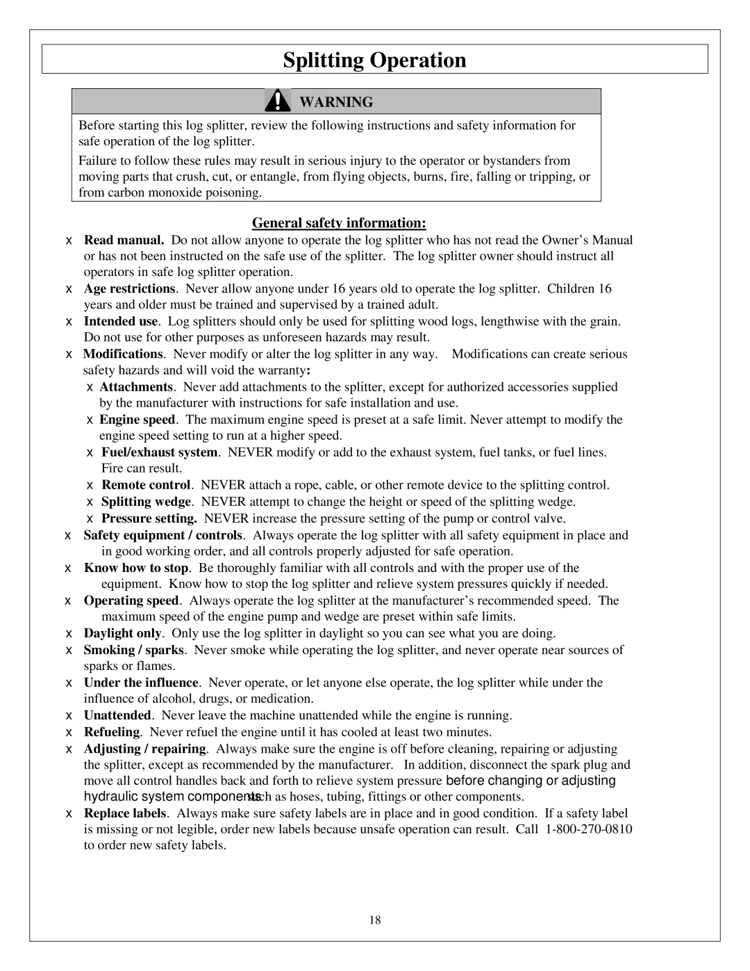 Northern Industrial Tools M1107C owner manual Splitting Operation, General safety information 