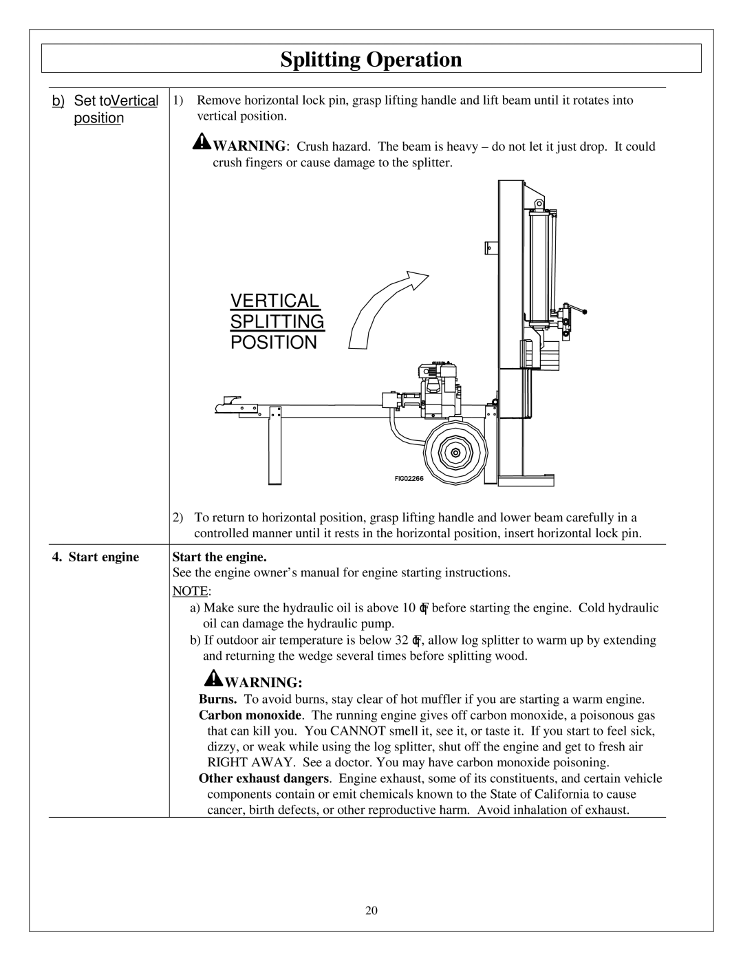 Northern Industrial Tools M1107C owner manual Vertical Splitting, Start engine Start the engine 