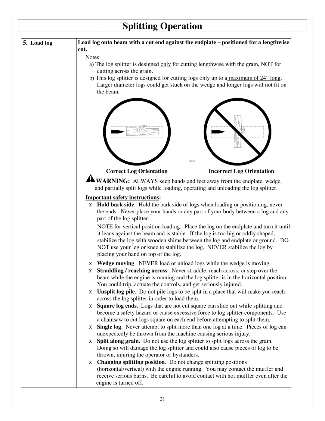 Northern Industrial Tools M1107C owner manual Correct Log Orientation, Important safety instructions 