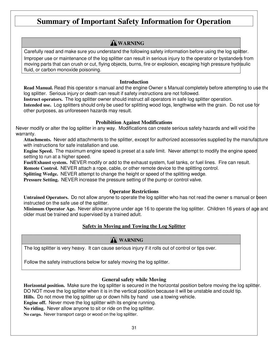 Northern Industrial Tools M1107C owner manual Summary of Important Safety Information for Operation 