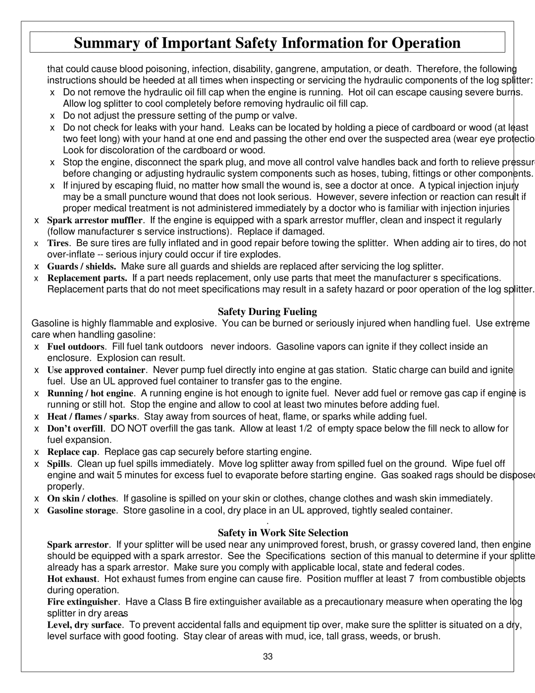 Northern Industrial Tools M1107C owner manual Safety During Fueling, Safety in Work Site Selection 