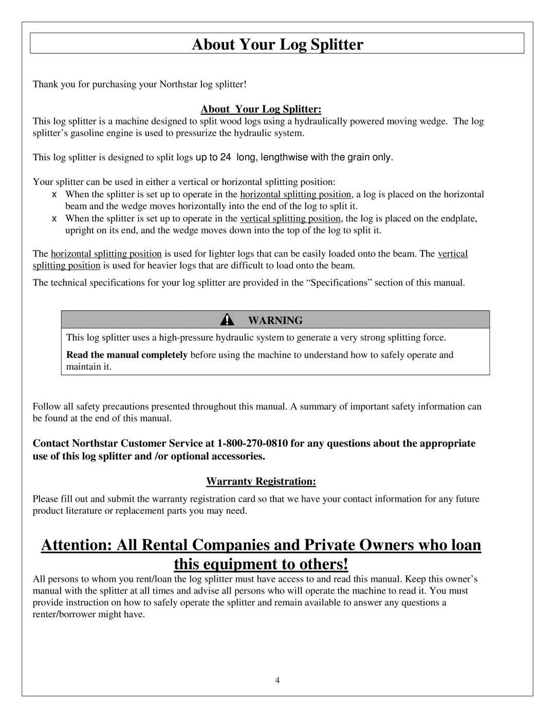 Northern Industrial Tools M1107C owner manual About Your Log Splitter, This equipment to others 