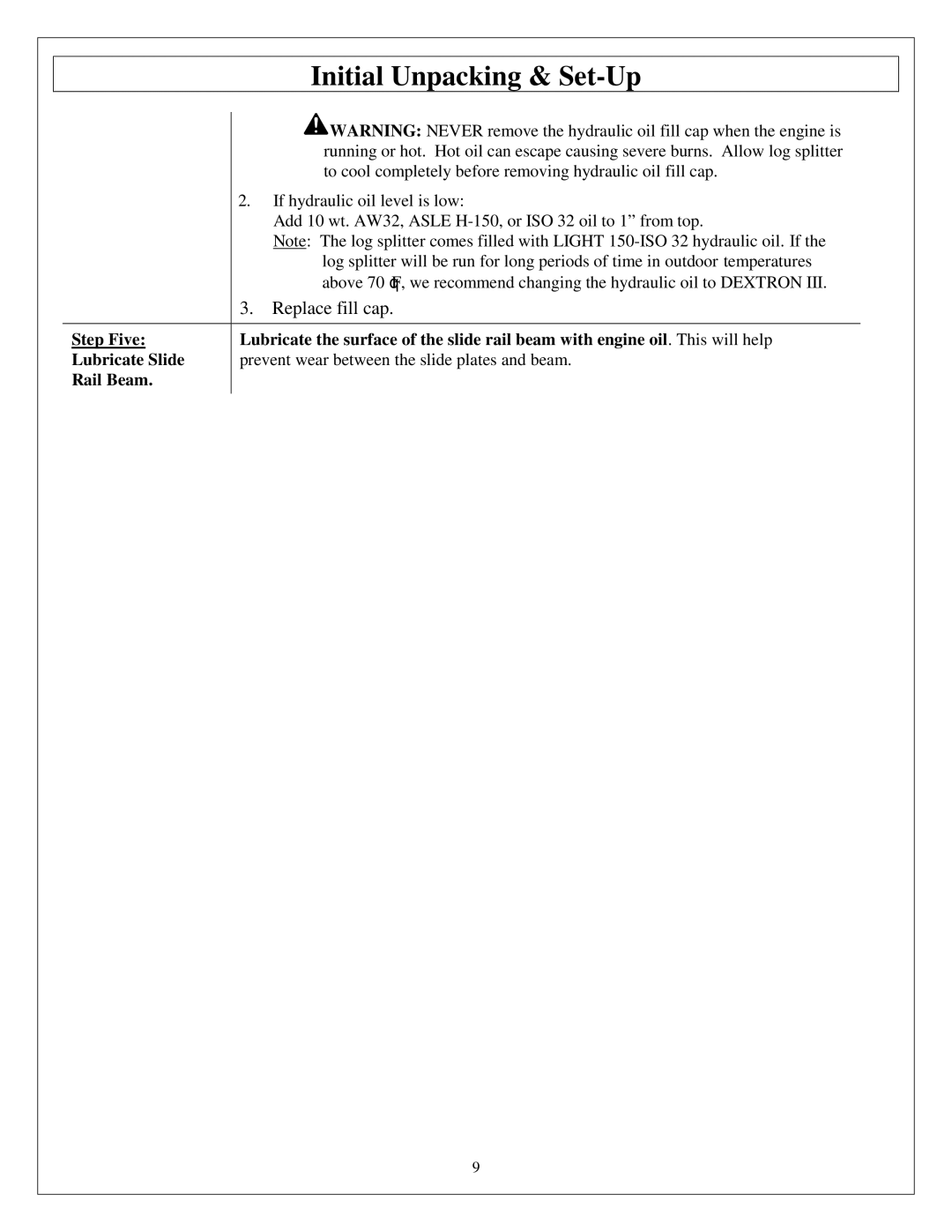 Northern Industrial Tools M1107C owner manual Replace fill cap, Rail Beam 