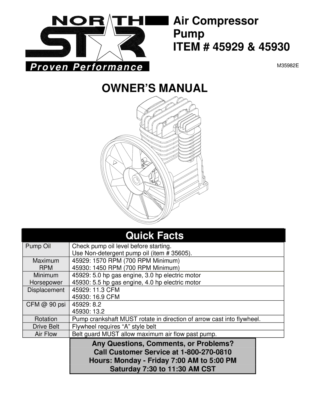 Northern Industrial Tools 45930, M35982E owner manual Pump Item # 45929 