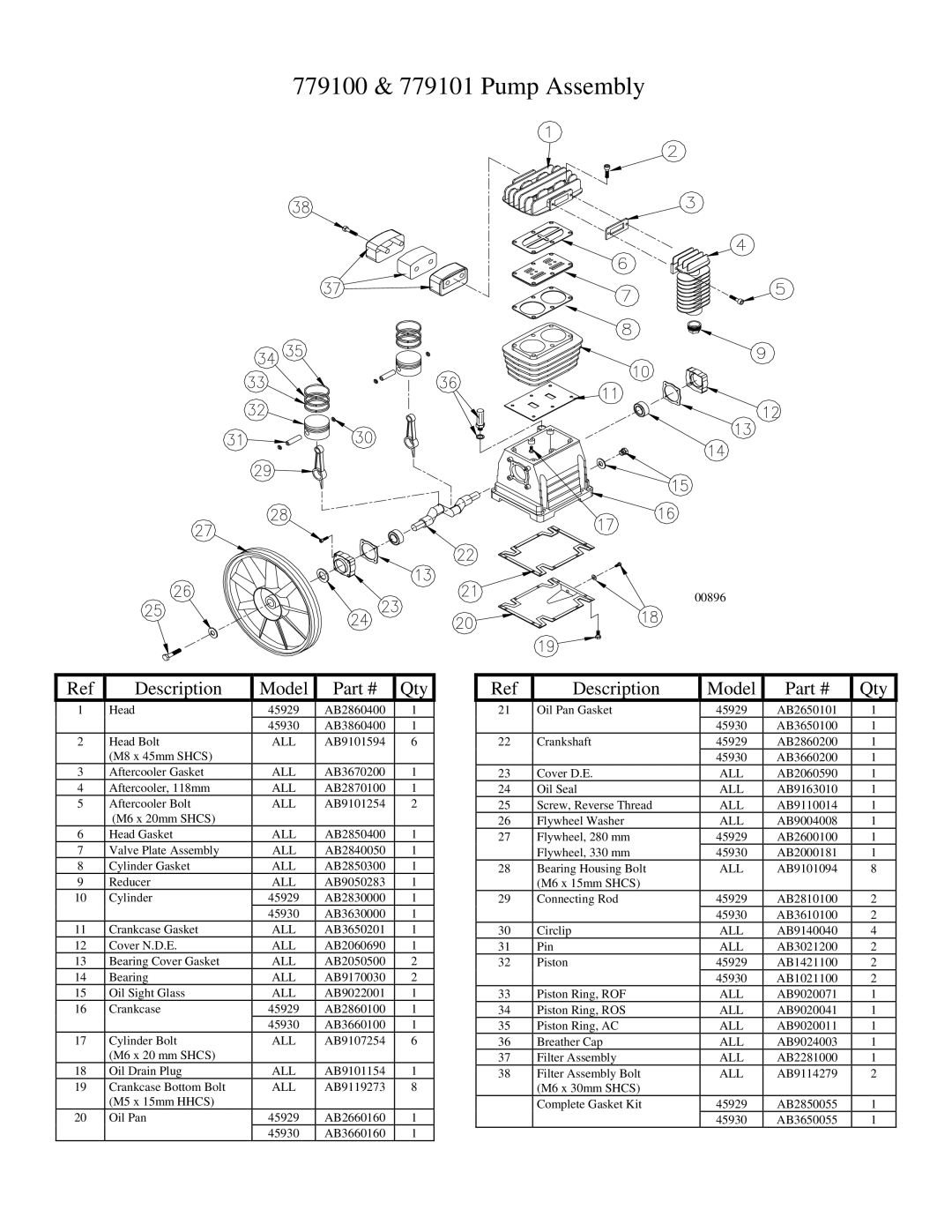 Northern Industrial Tools 45930, M35982E, 45929 owner manual 779100 & 779101 Pump Assembly 