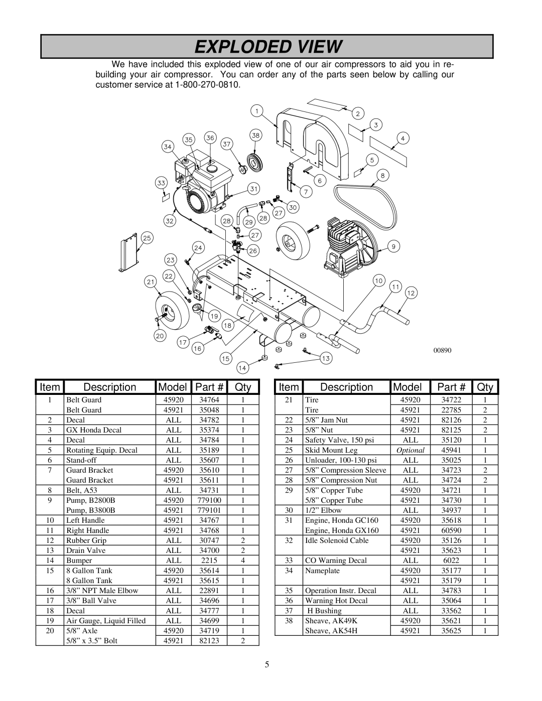 Northern Industrial Tools 45929, M35982E, 45930 owner manual Exploded View, Description Model Qty 