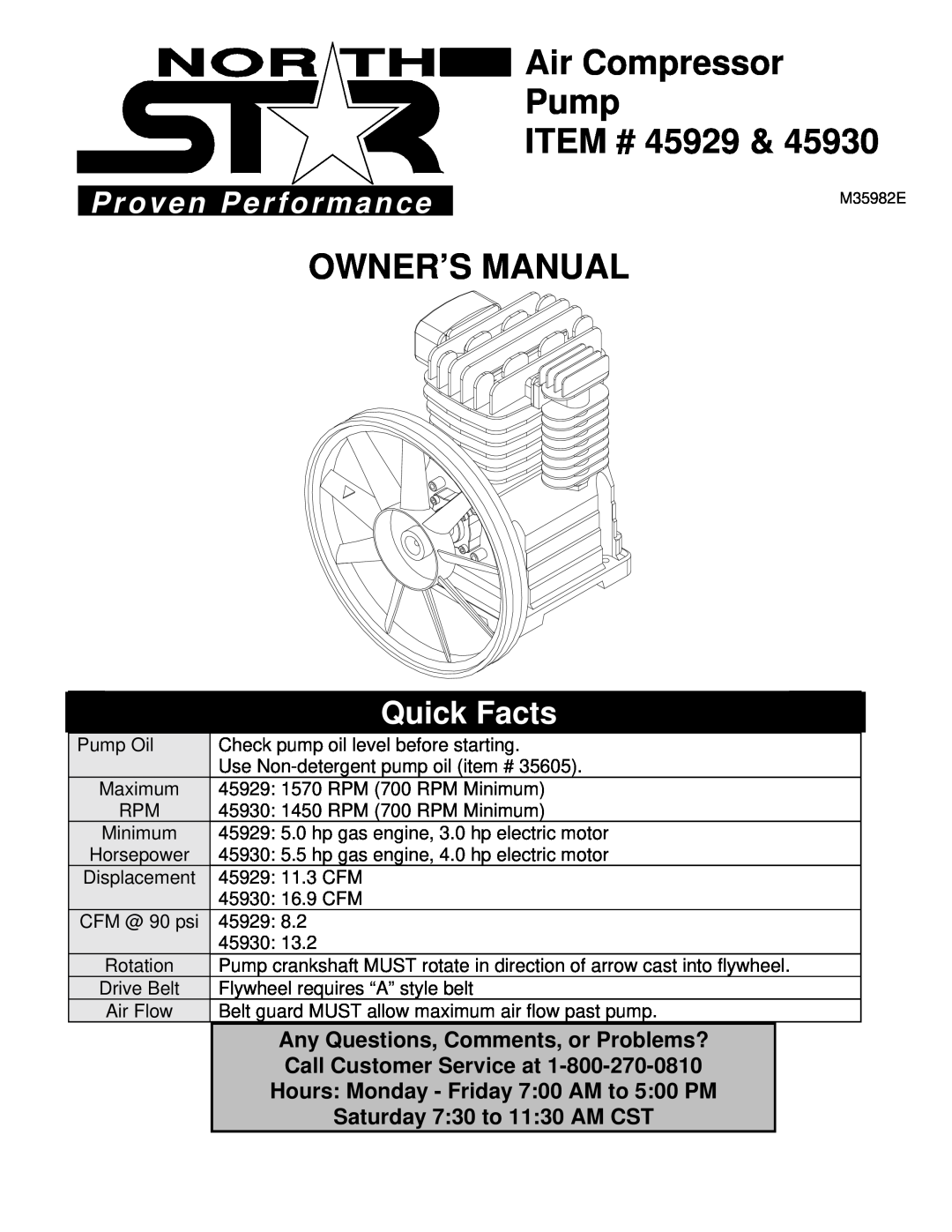 Northern Industrial Tools 45930, M35982E owner manual Air Compressor, Pump ITEM # 45929, Owner’S Manual, Quick Facts 