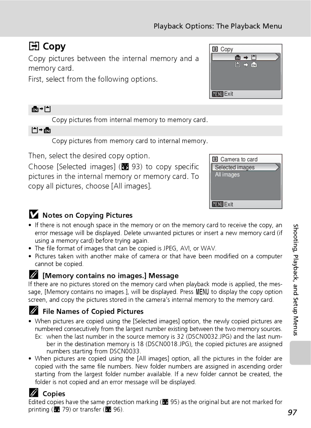 Northern Industrial Tools S500 user manual Copy, Memory contains no images. Message, File Names of Copied Pictures, Copies 