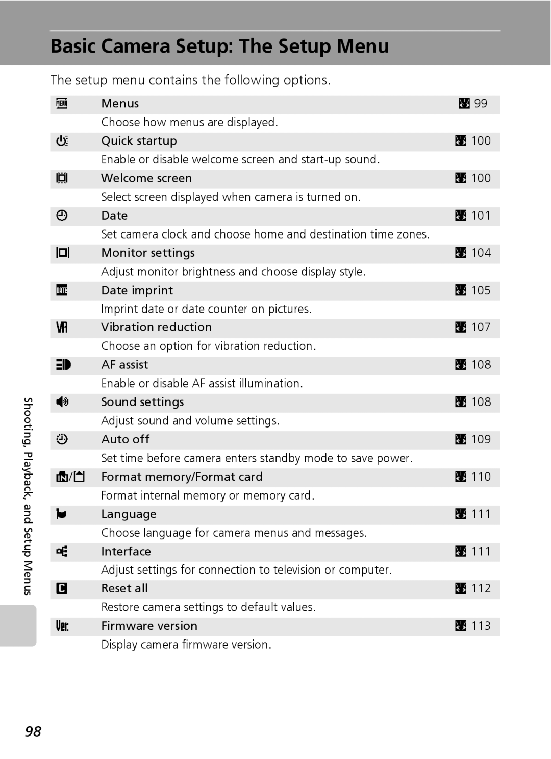 Northern Industrial Tools S500 user manual Basic Camera Setup The Setup Menu, Setup menu contains the following options 