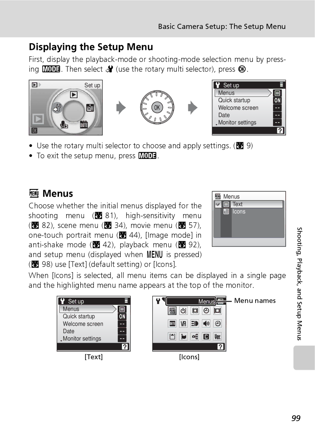 Northern Industrial Tools S500 user manual Displaying the Setup Menu, Menus, Basic Camera Setup The Setup Menu 