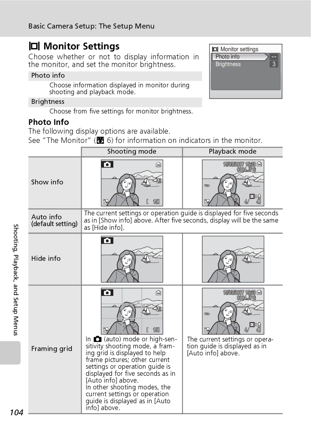 Northern Industrial Tools S500 user manual Monitor Settings, 104, Photo Info 