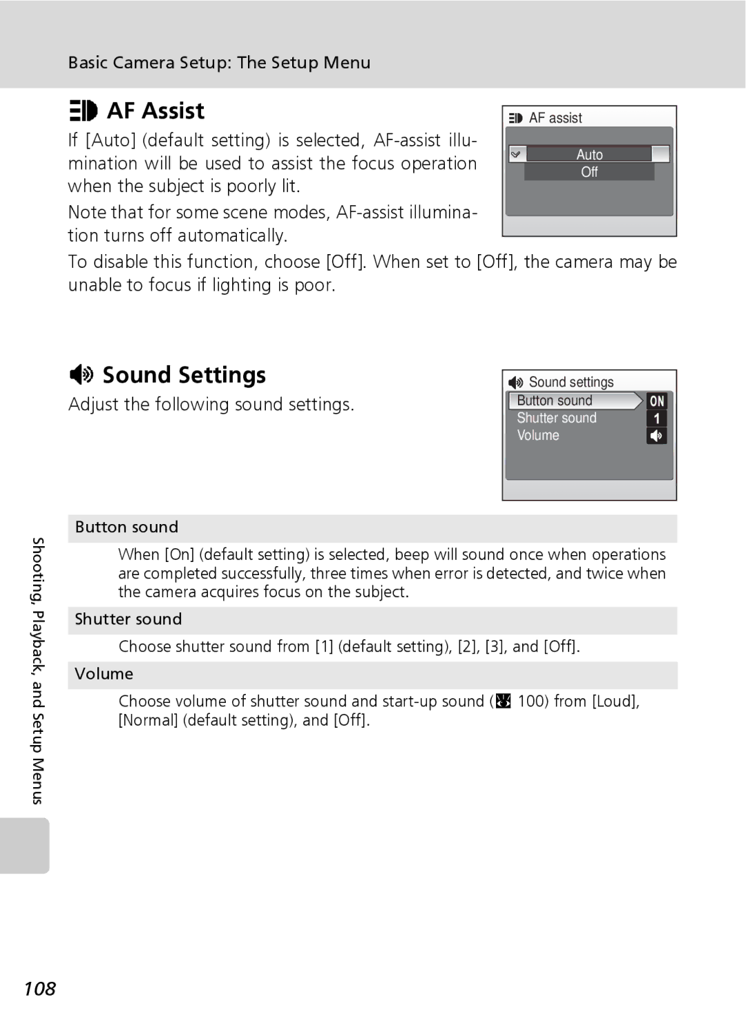 Northern Industrial Tools S500 user manual AF Assist, Sound Settings, 108, Adjust the following sound settings 