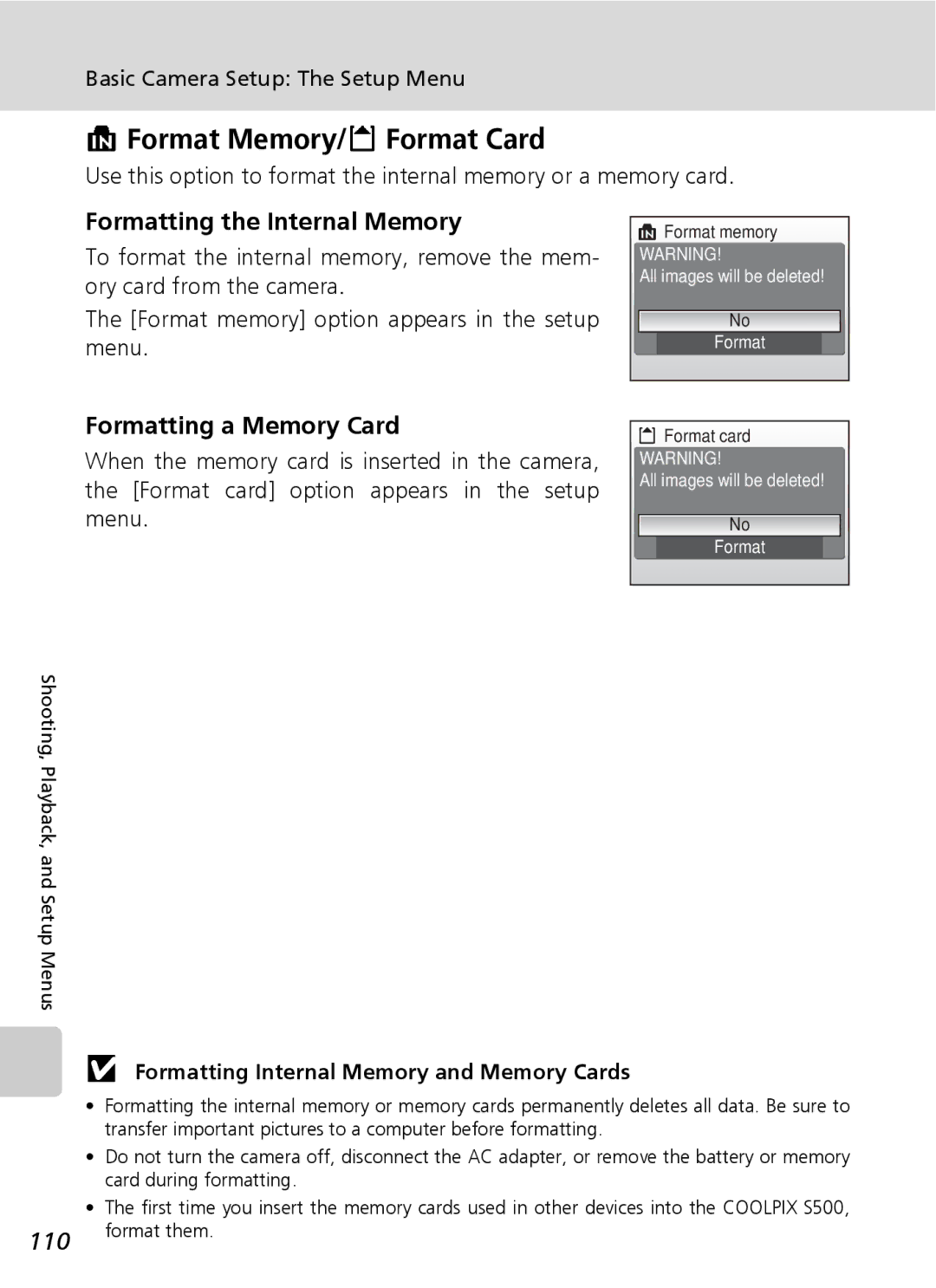 Northern Industrial Tools S500 Format Memory/O Format Card, Formatting the Internal Memory, Formatting a Memory Card 