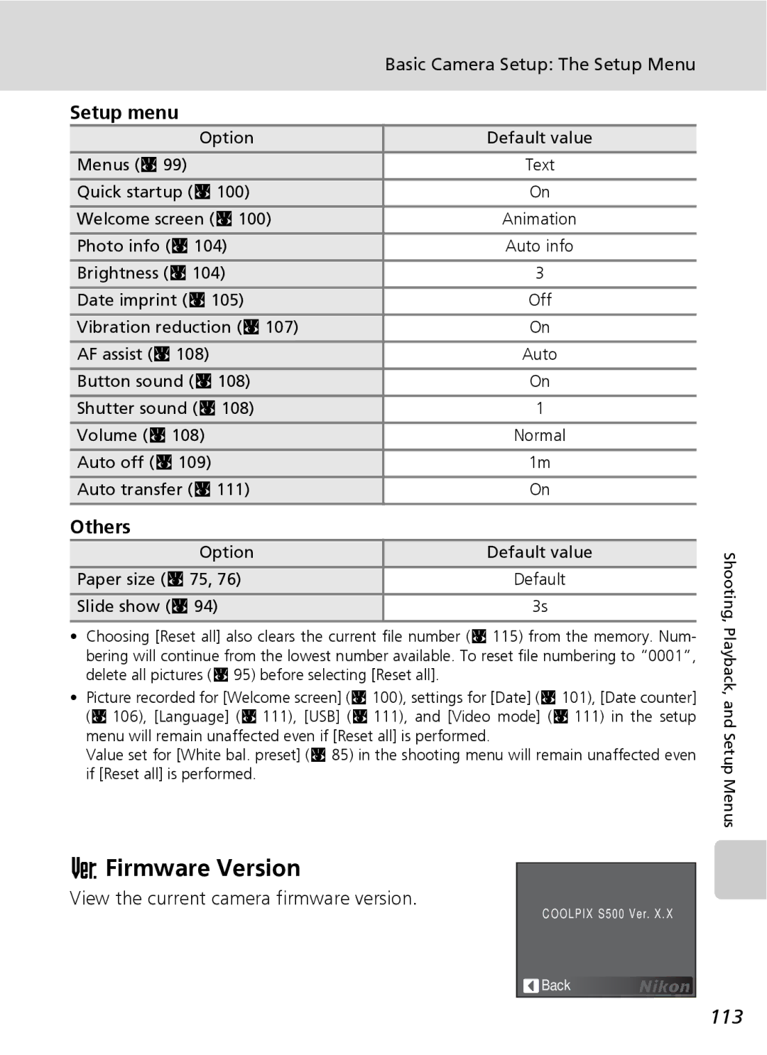 Northern Industrial Tools S500 Firmware Version, 113, Setup menu, Others, View the current camera firmware version 