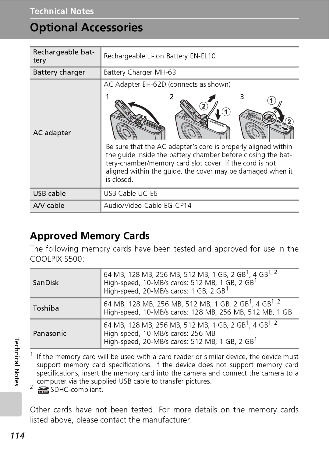 Northern Industrial Tools S500 user manual Optional Accessories, Approved Memory Cards, 114 