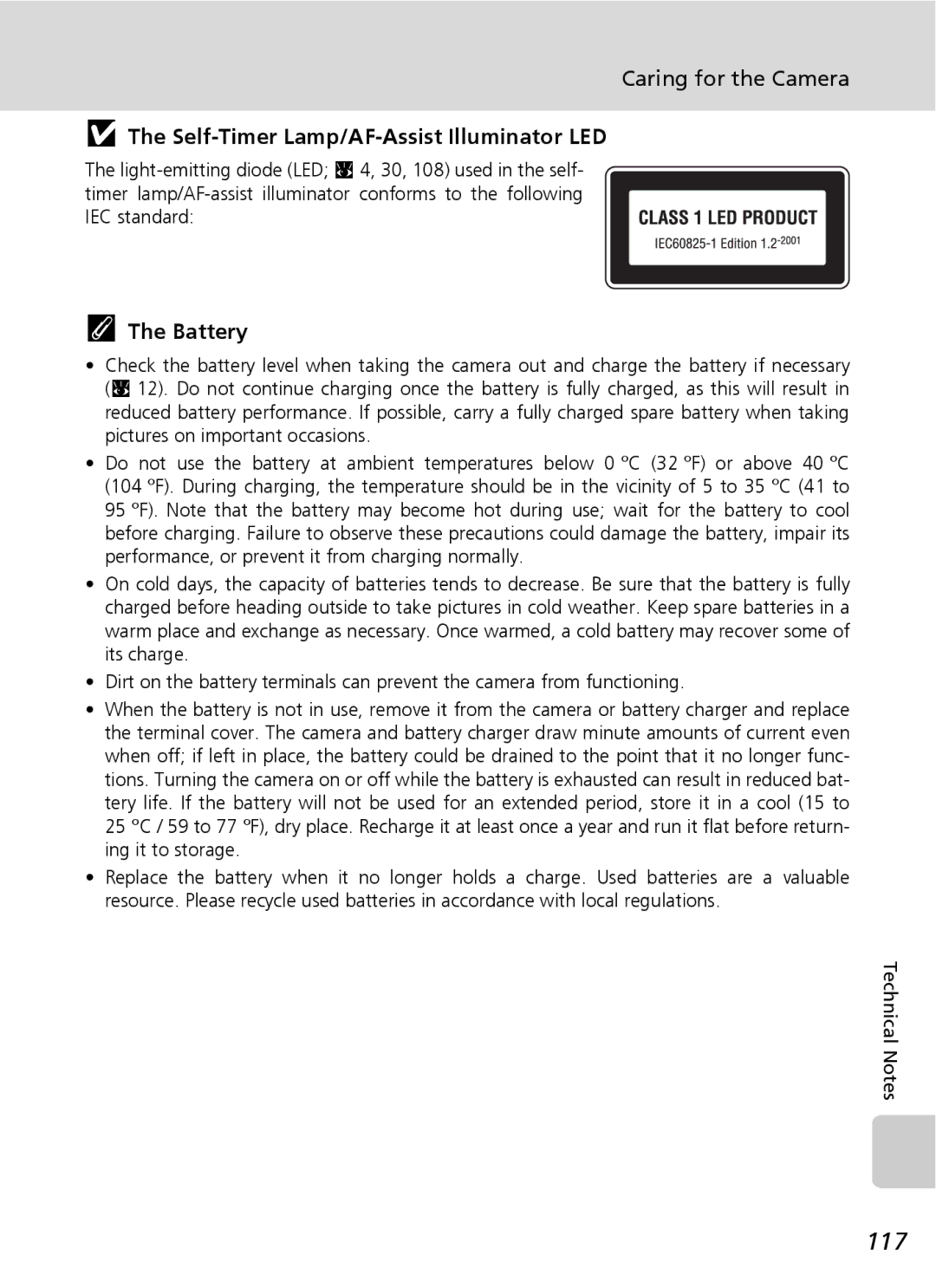 Northern Industrial Tools S500 user manual 117, Caring for the Camera, Self-Timer Lamp/AF-Assist Illuminator LED, Battery 