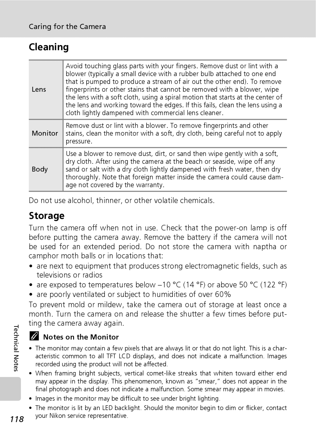 Northern Industrial Tools S500 user manual Cleaning, Storage, 118, Do not use alcohol, thinner, or other volatile chemicals 