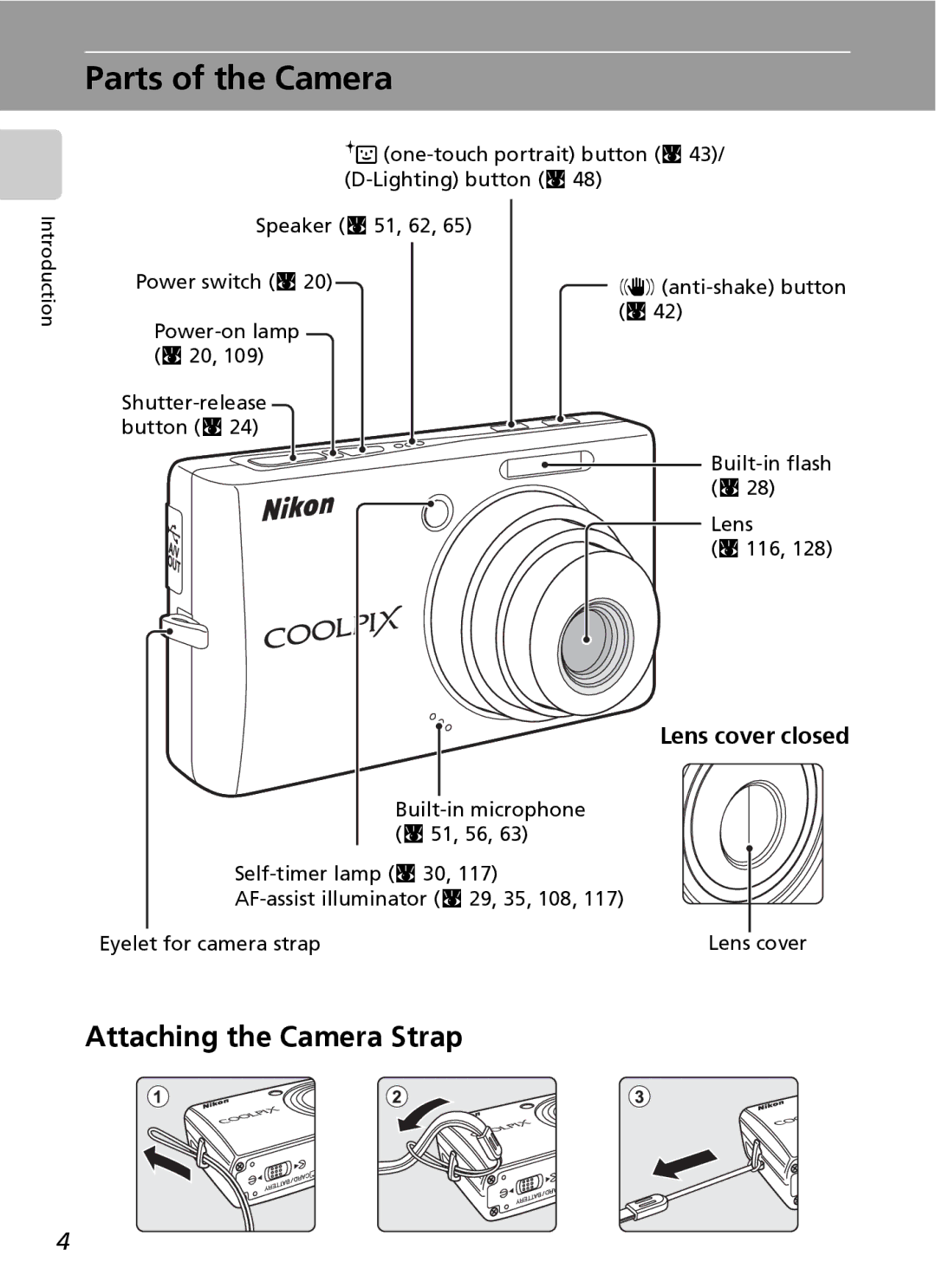 Northern Industrial Tools S500 user manual Parts of the Camera, Attaching the Camera Strap, Lens cover closed 