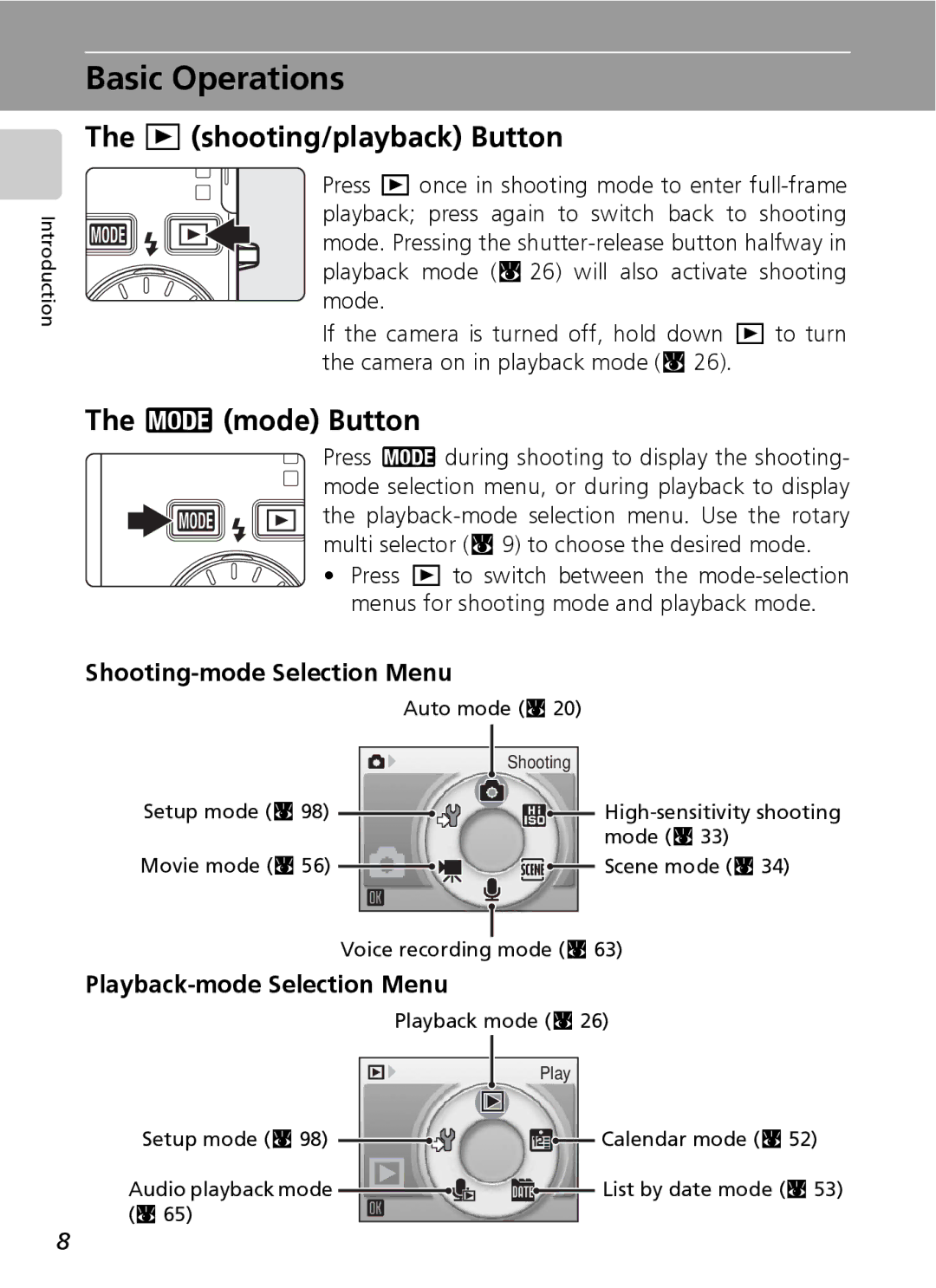 Northern Industrial Tools S500 Basic Operations, I shooting/playback Button, Cmode Button, Shooting-mode Selection Menu 