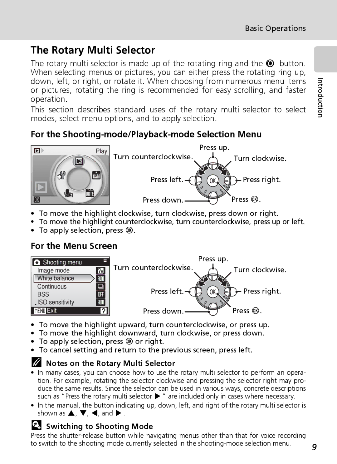 Northern Industrial Tools S500 Rotary Multi Selector, For the Shooting-mode/Playback-mode Selection Menu, Basic Operations 