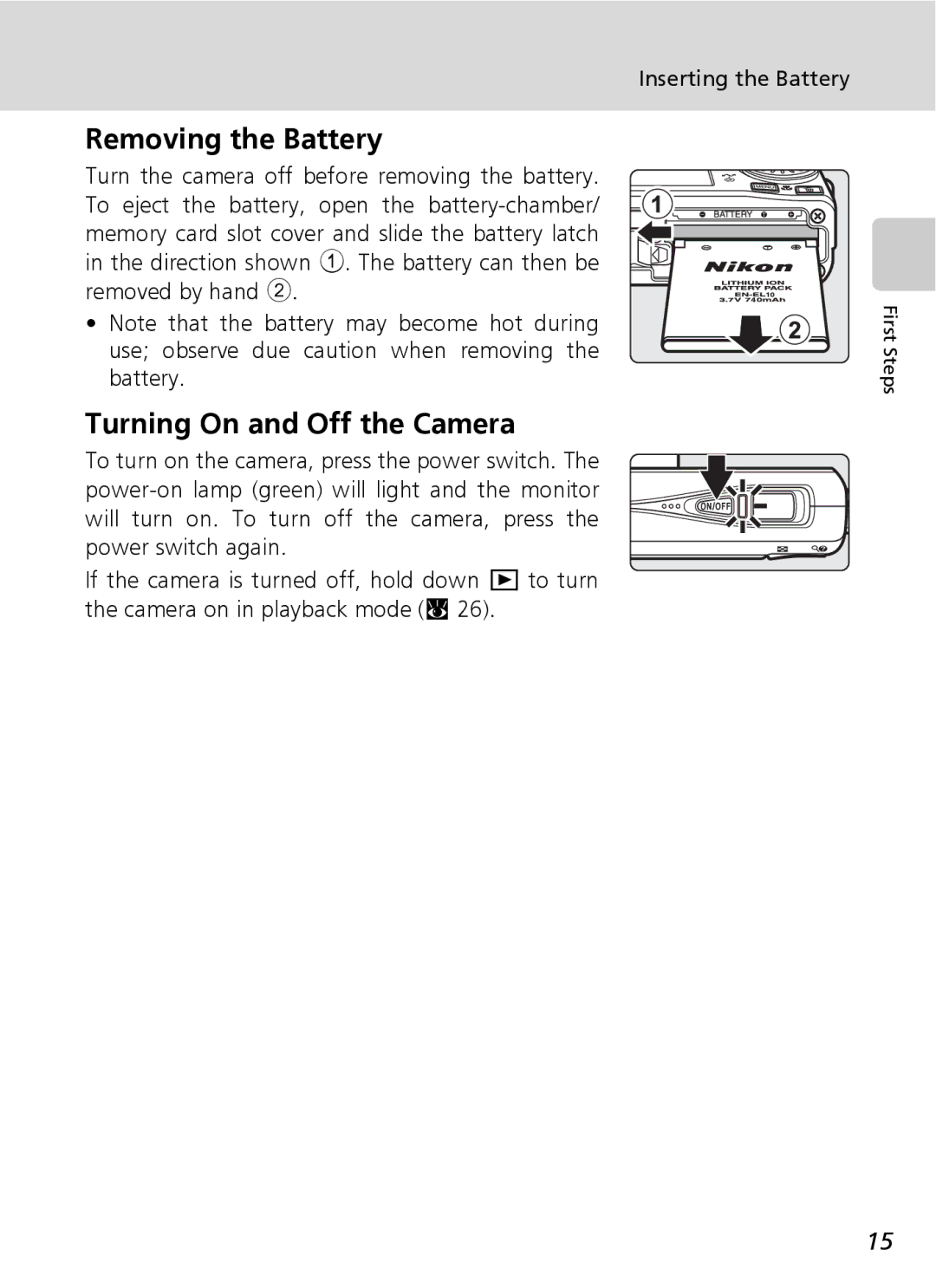 Northern Industrial Tools S500 user manual Removing the Battery, Turning On and Off the Camera 